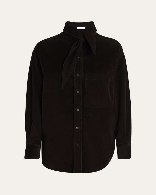 Tie-Neck Corduroy Button Down Shirt
